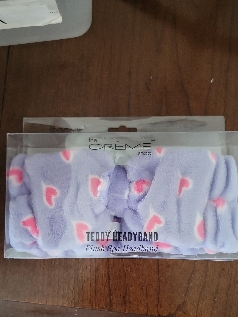 Creme shop plush spa headband purple with pink hearts